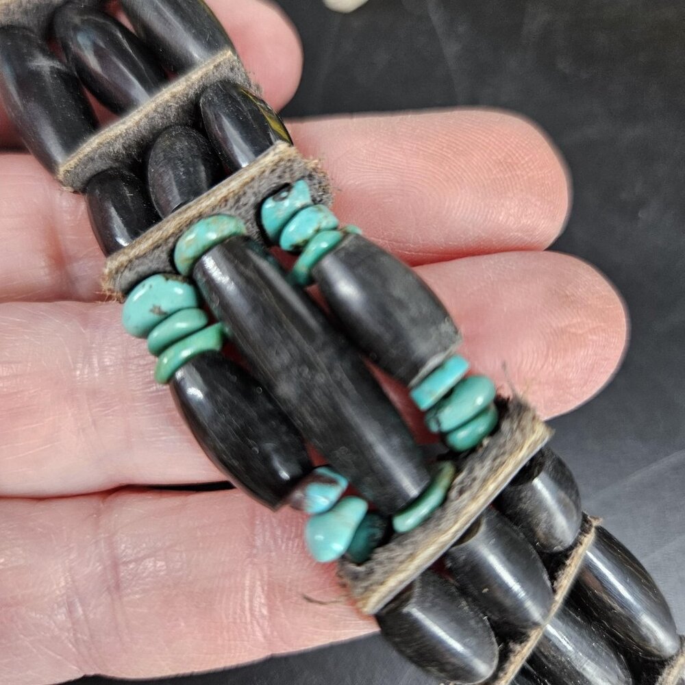 Turquoise Beaded Choker Necklace Womens Black Southwestern Leather Cord Boho